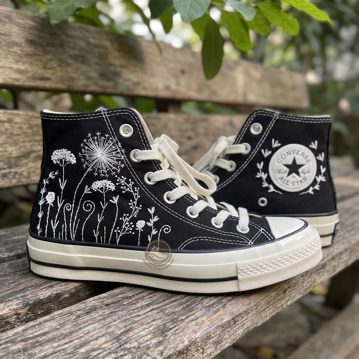 Black Canvas Garden Converse, Hand Embroidered Floral High Tops Sneakers - Image 3