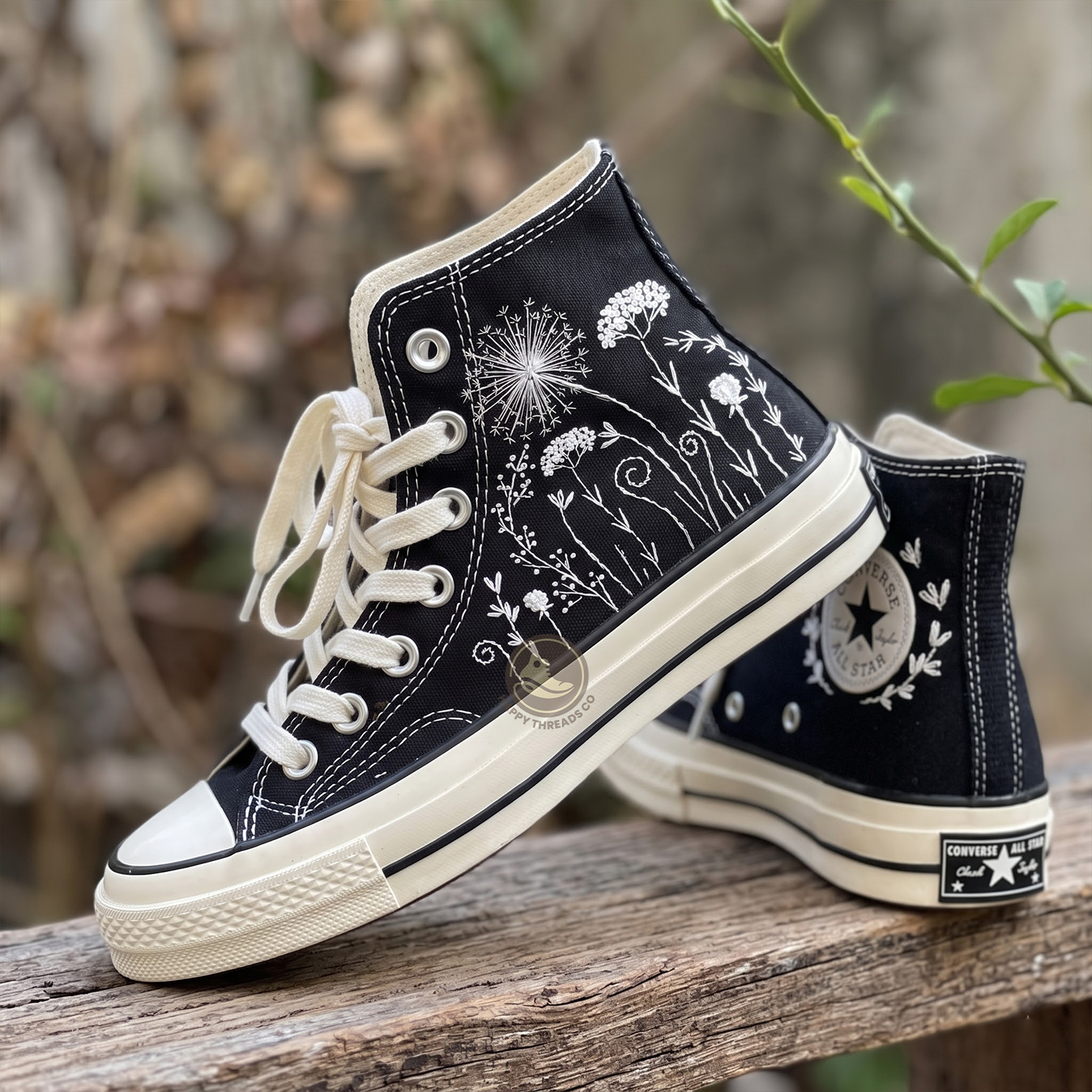 Black Canvas Garden Converse, Hand Embroidered Floral High Tops Sneakers - Image 2