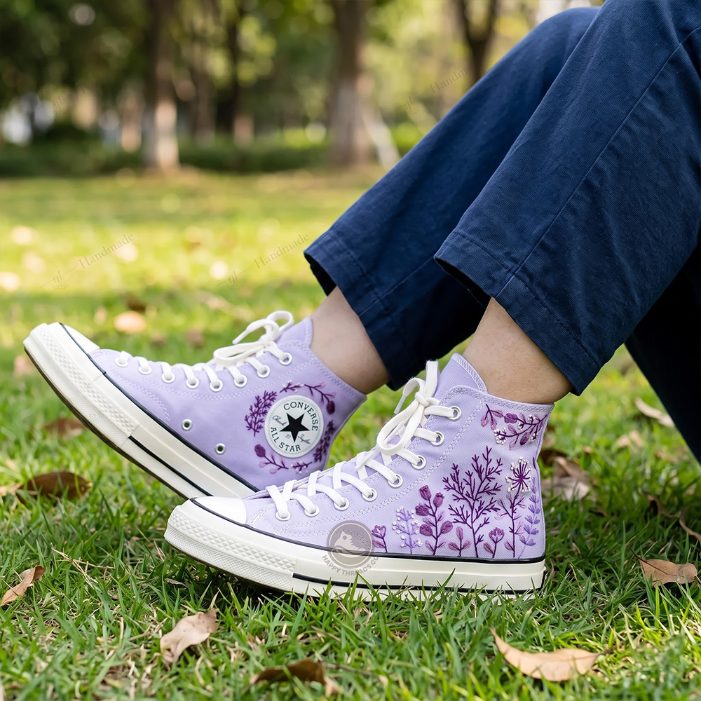 Lilac Garden Converse, Hand Embroidered Botanical High Tops - Image 2