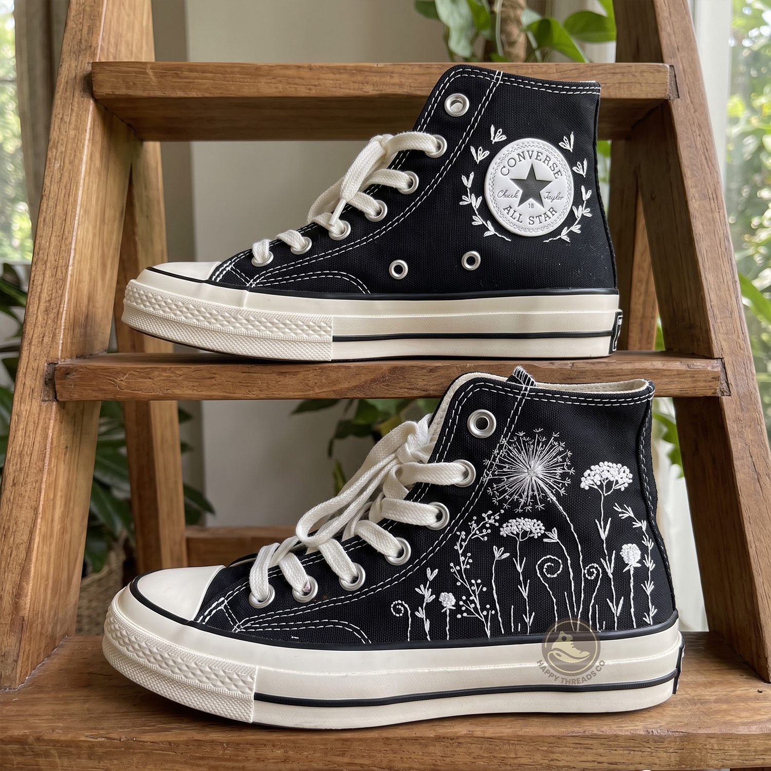 Black Canvas Garden Converse, Hand Embroidered Floral High Tops Sneakers