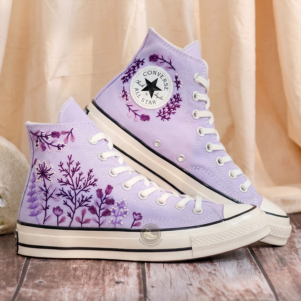 Lilac Garden Converse, Hand Embroidered Botanical High Tops