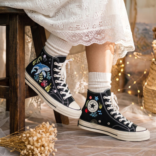Blue Whale Converse, Embroidered Ocean Life Canvas Sneakers