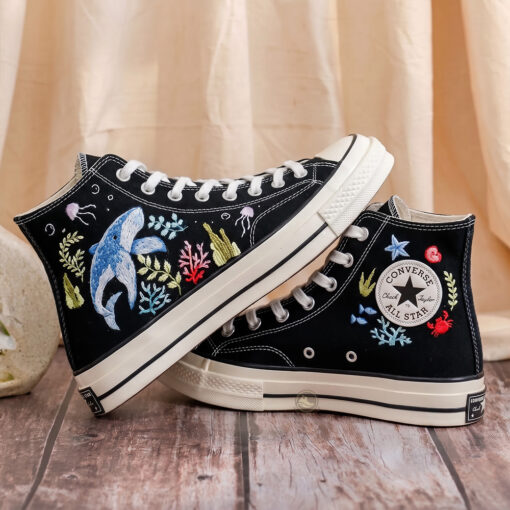 Blue Whale Converse, Embroidered Ocean Life Canvas Sneakers