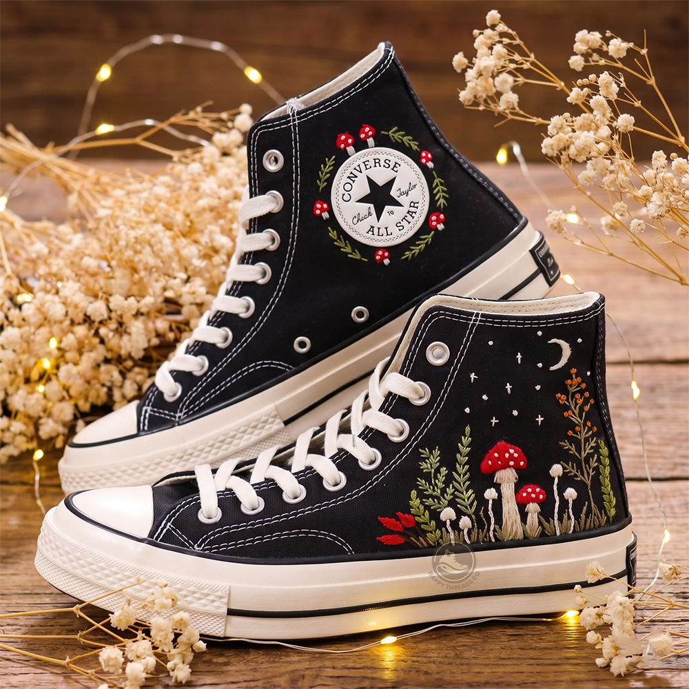 Mushroom Forest Converse, Hand Embroidered Cottagecore High Tops
