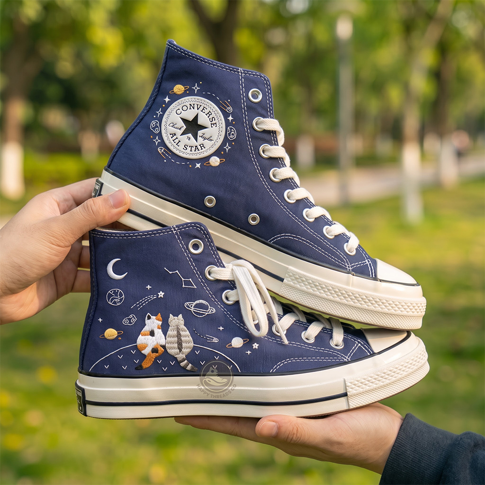 Cosmic Cats Converse, Hand Embroidered Celestial High Tops