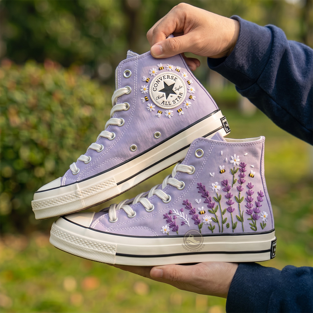 Lavender Bee Converse, Hand Embroidered Cottagecore Flower High Tops