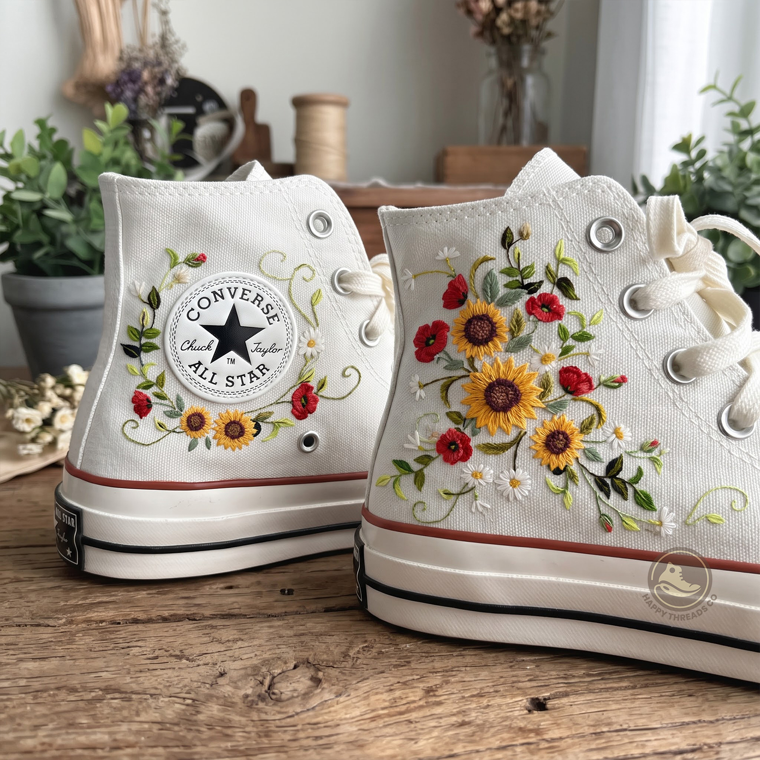 Sunflowers & Poppies Converse, Bridal Wedding Embroidered High Tops