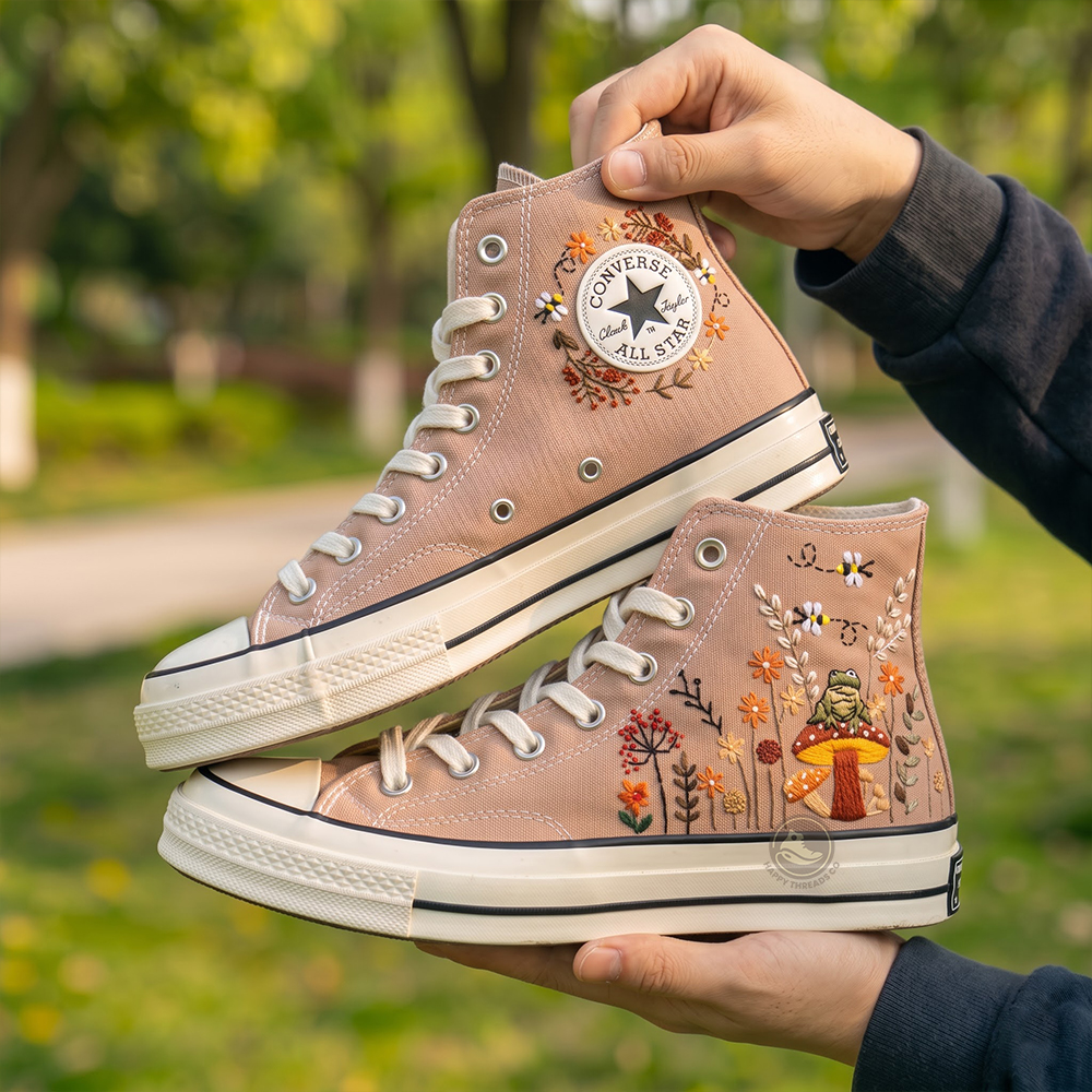 Frog & Mushroom Converse, Autumn Cottagecore Canvas Sneakers