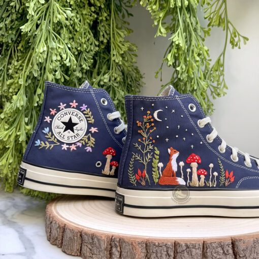 Woodland Fox Converse, Hand Embroidered Mushroom Forest High Tops