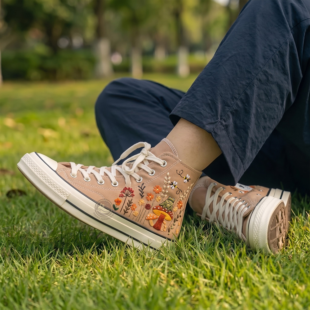 Frog & Mushroom Converse, Autumn Cottagecore Canvas Sneakers - Image 2