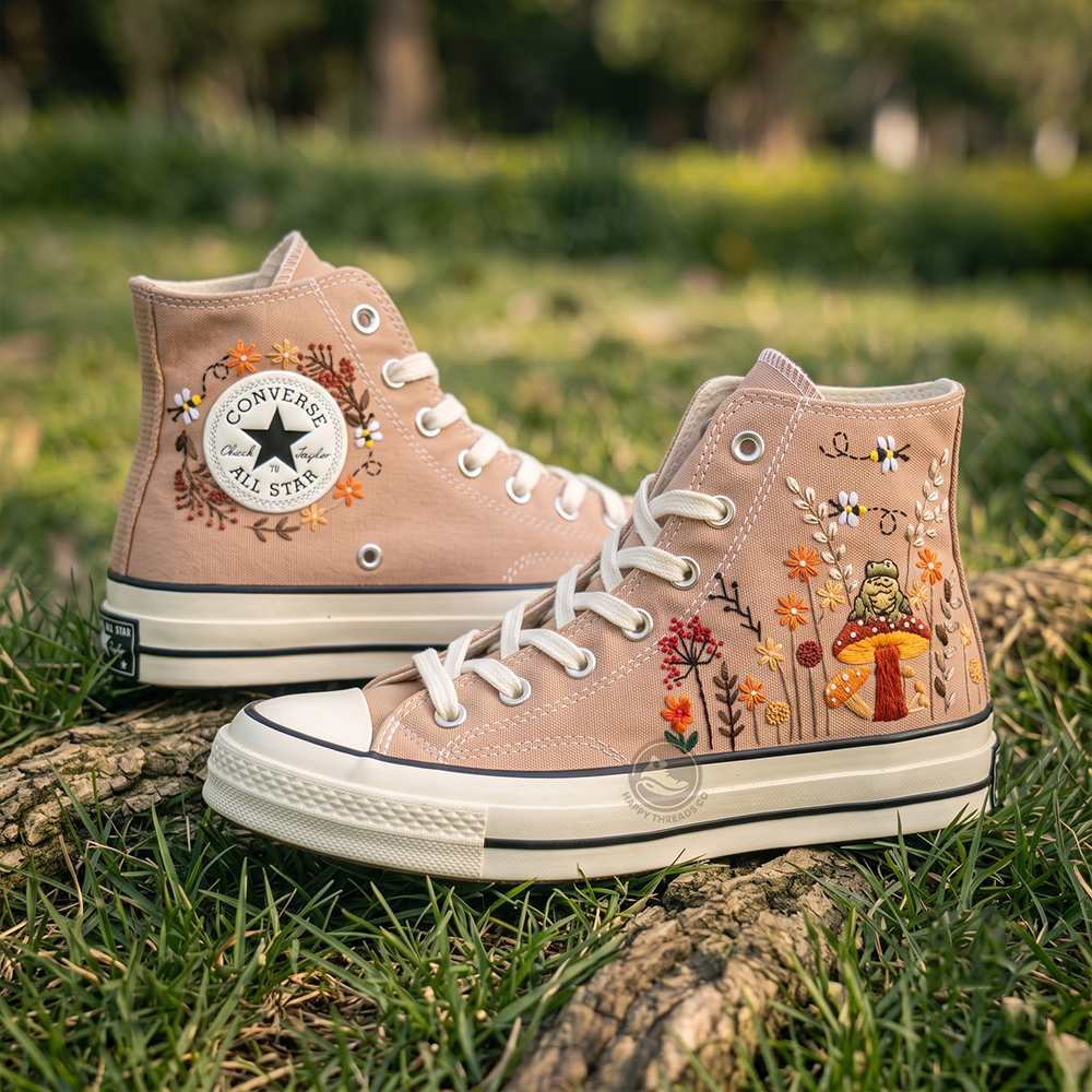 Frog & Mushroom Converse, Autumn Cottagecore Canvas Sneakers - Image 3