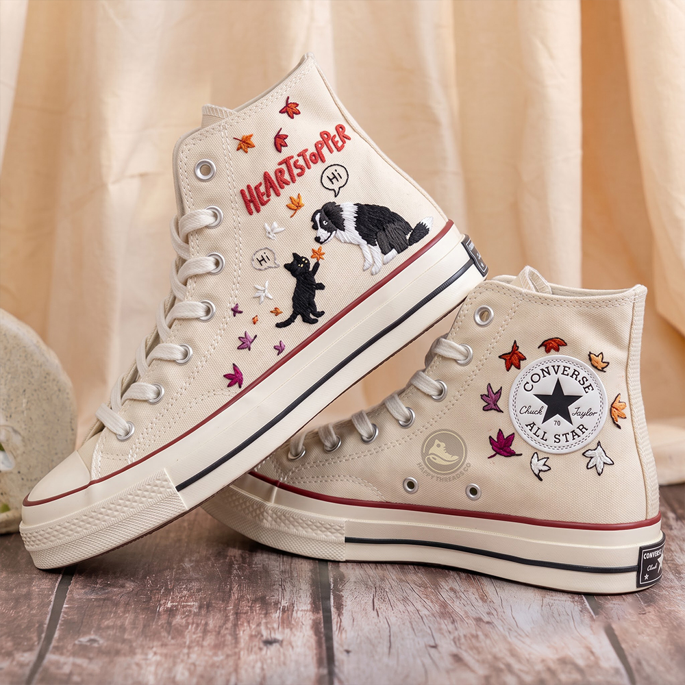Heartstopper Dog & Cat Lesbian Leaves Converse, Autumn Romance Embroidered High Tops