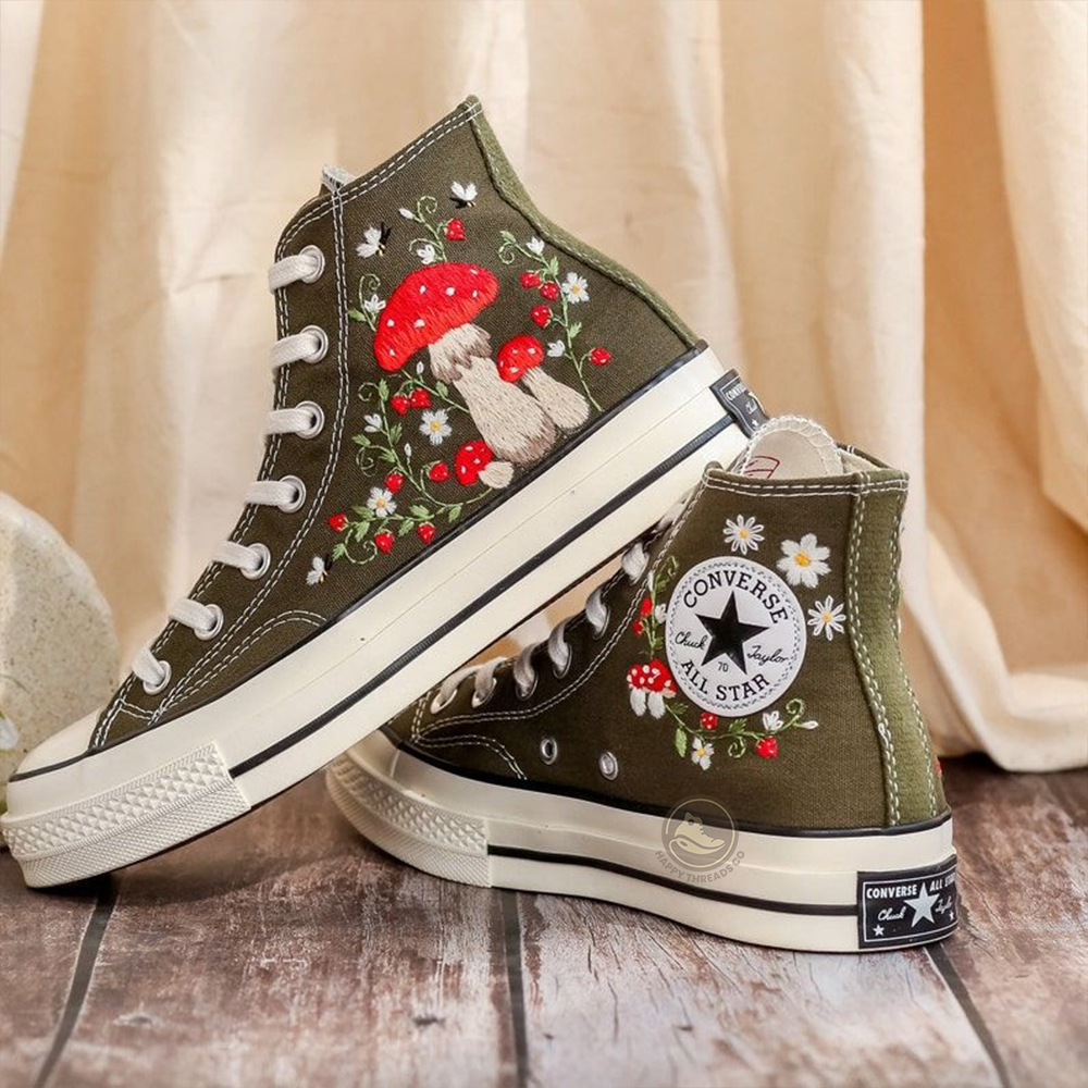 Mushroom Garden Converse, Hand Embroidered Cottagecore High Tops