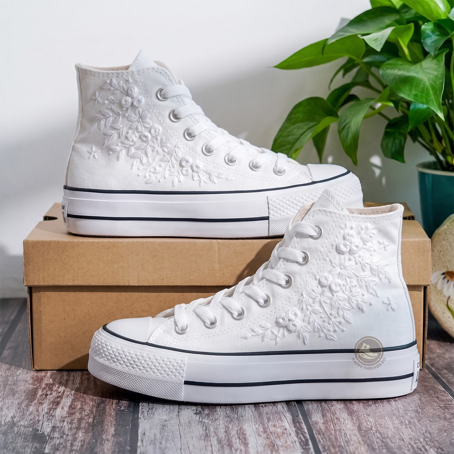 Wedding Converse, Monochrome Floral Embroidered Platform High Tops - Image 3
