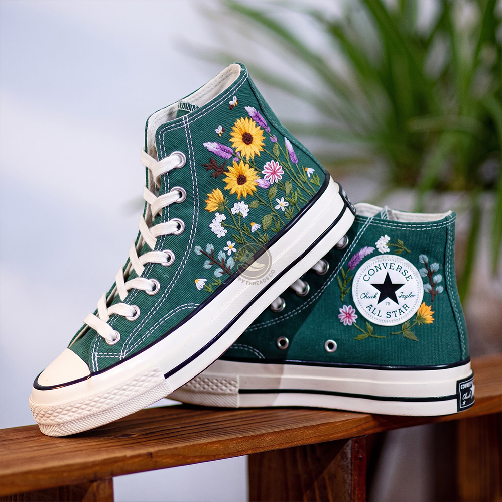 Sunflower Converse, Hand Embroidered Wildflower Garden High Tops