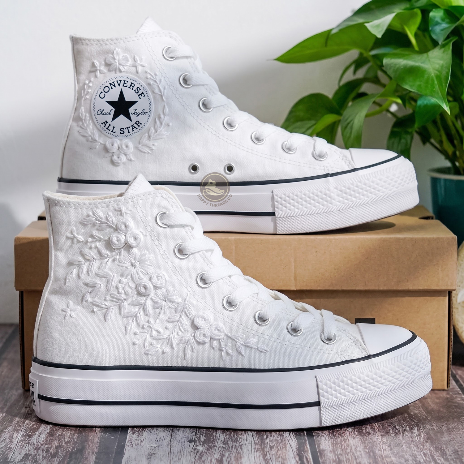 Wedding Converse, Monochrome Floral Embroidered Platform High Tops - Image 2