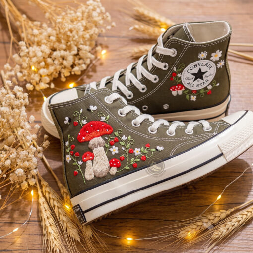 Mushroom Garden Converse, Hand Embroidered Cottagecore High Tops