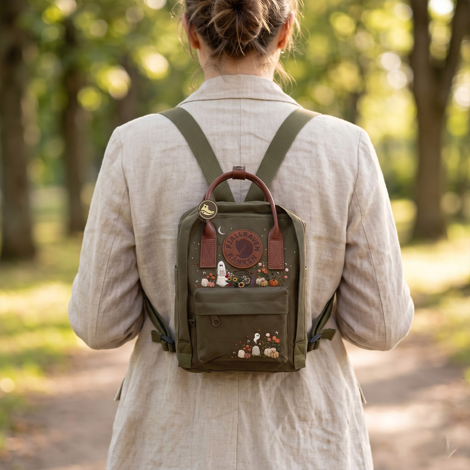 Ghost & Pumpkin Kanken Backpack, Embroidered Halloween Cottagecore Rucksack - Image 3