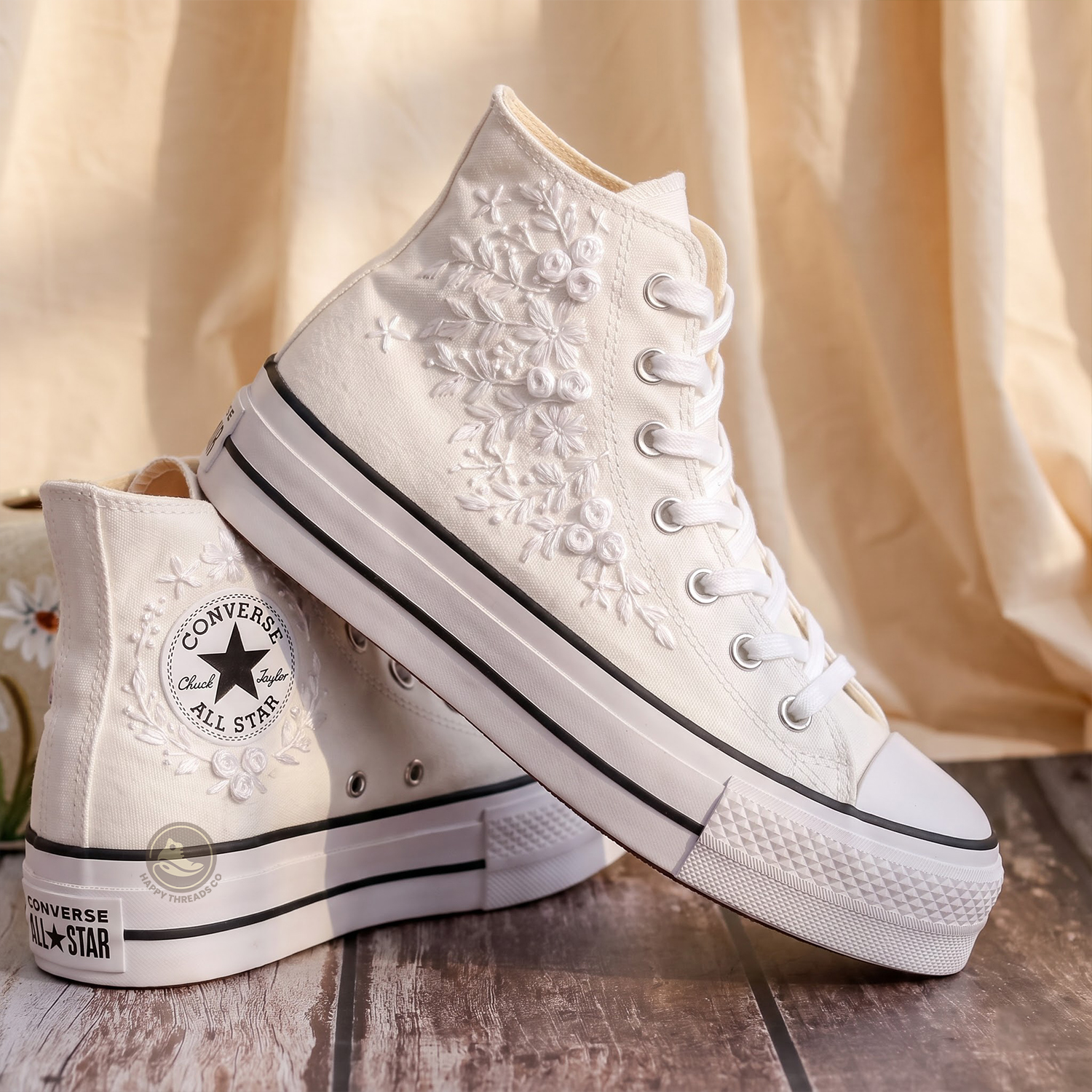 Wedding Converse, Monochrome Floral Embroidered Platform High Tops