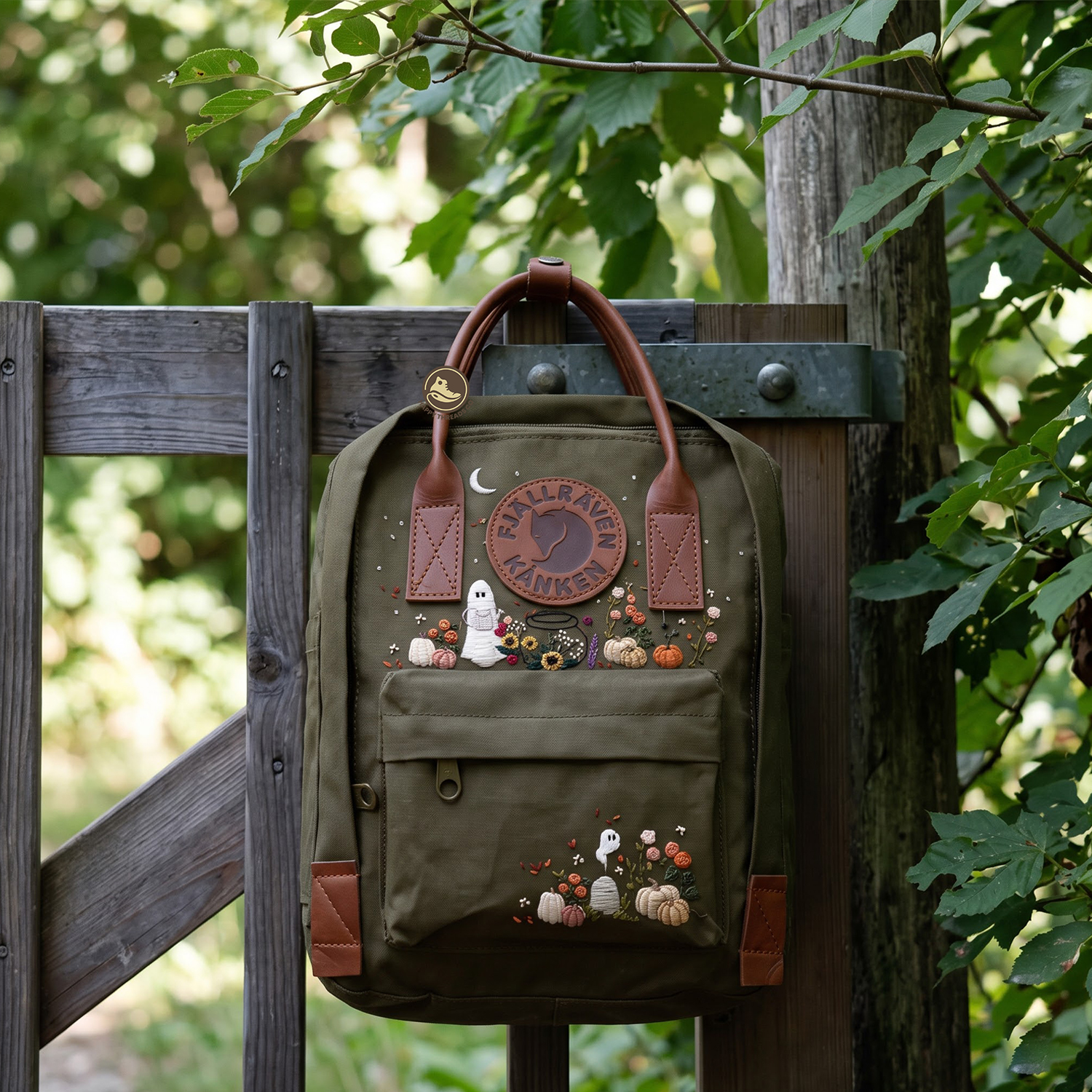 Ghost & Pumpkin Kanken Backpack, Embroidered Halloween Cottagecore Rucksack - Image 2