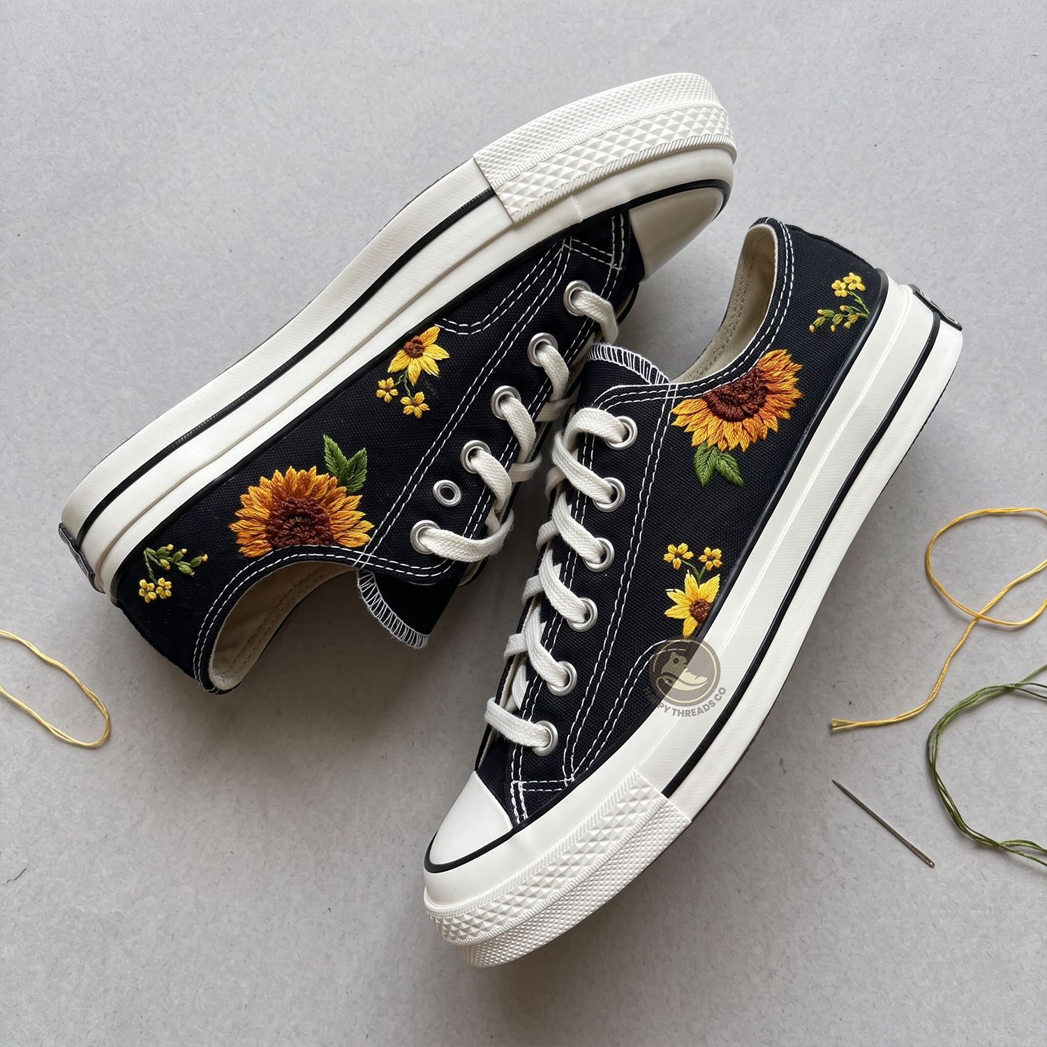 Sunflower Low Top Converse, Handmade Floral Embroidered Sneakers - Image 4