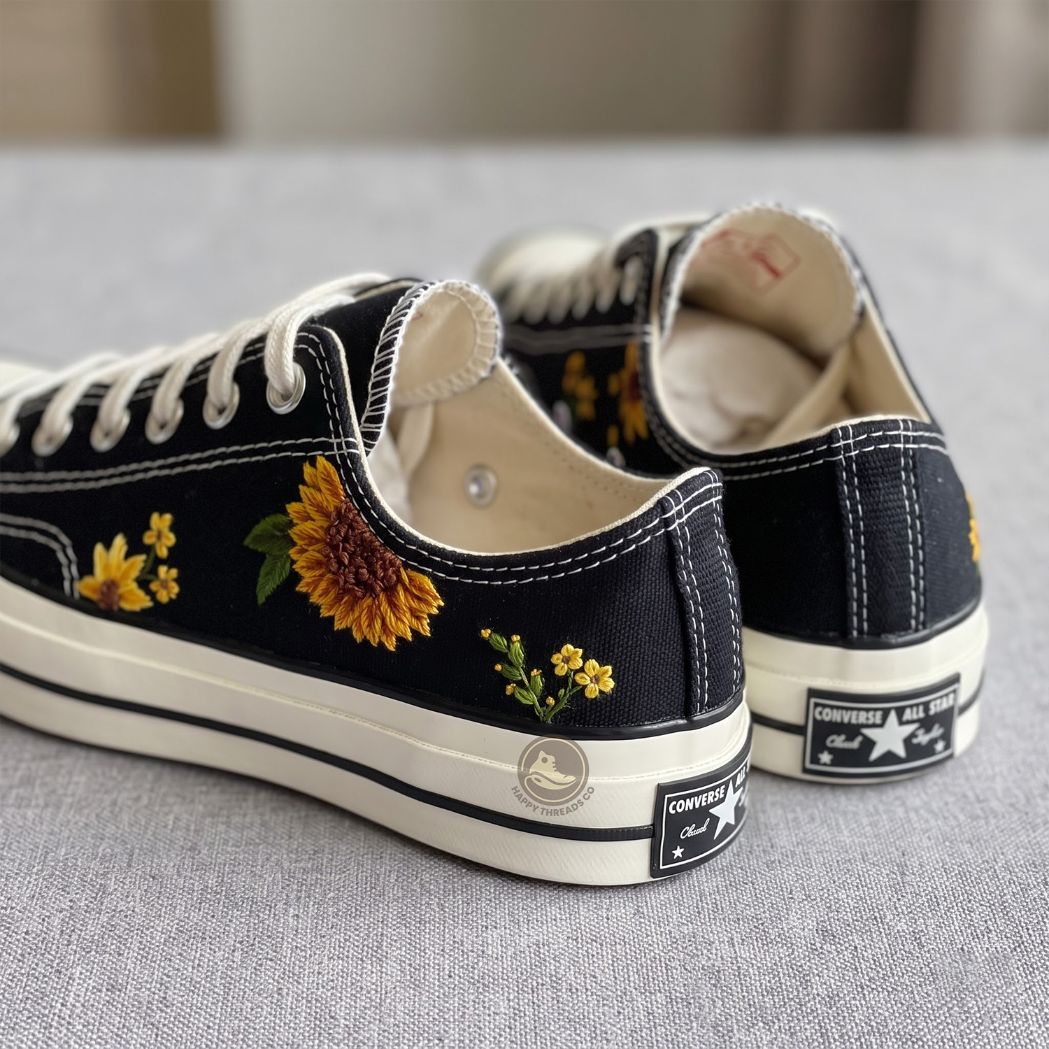 Sunflower Low Top Converse, Handmade Floral Embroidered Sneakers - Image 2