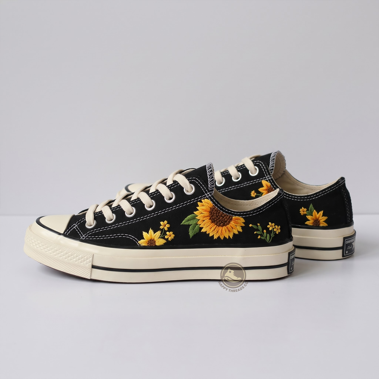 Sunflower Low Top Converse, Handmade Floral Embroidered Sneakers - Image 3