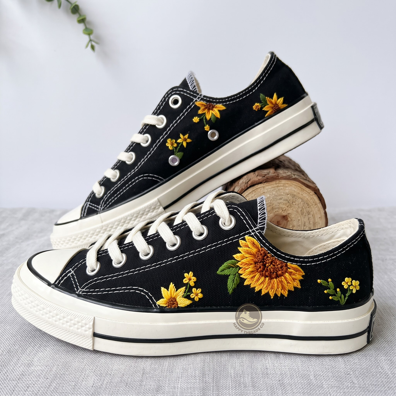 Sunflower Low Top Converse, Handmade Floral Embroidered Sneakers