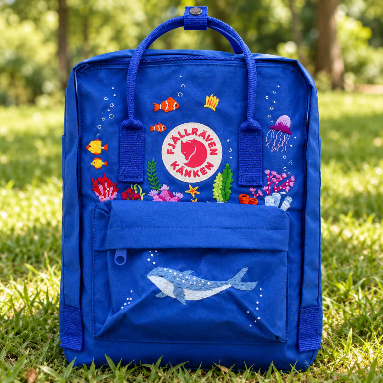 Blue Whale Kanken Backpack, Colorful Ocean Embroidered Rucksack