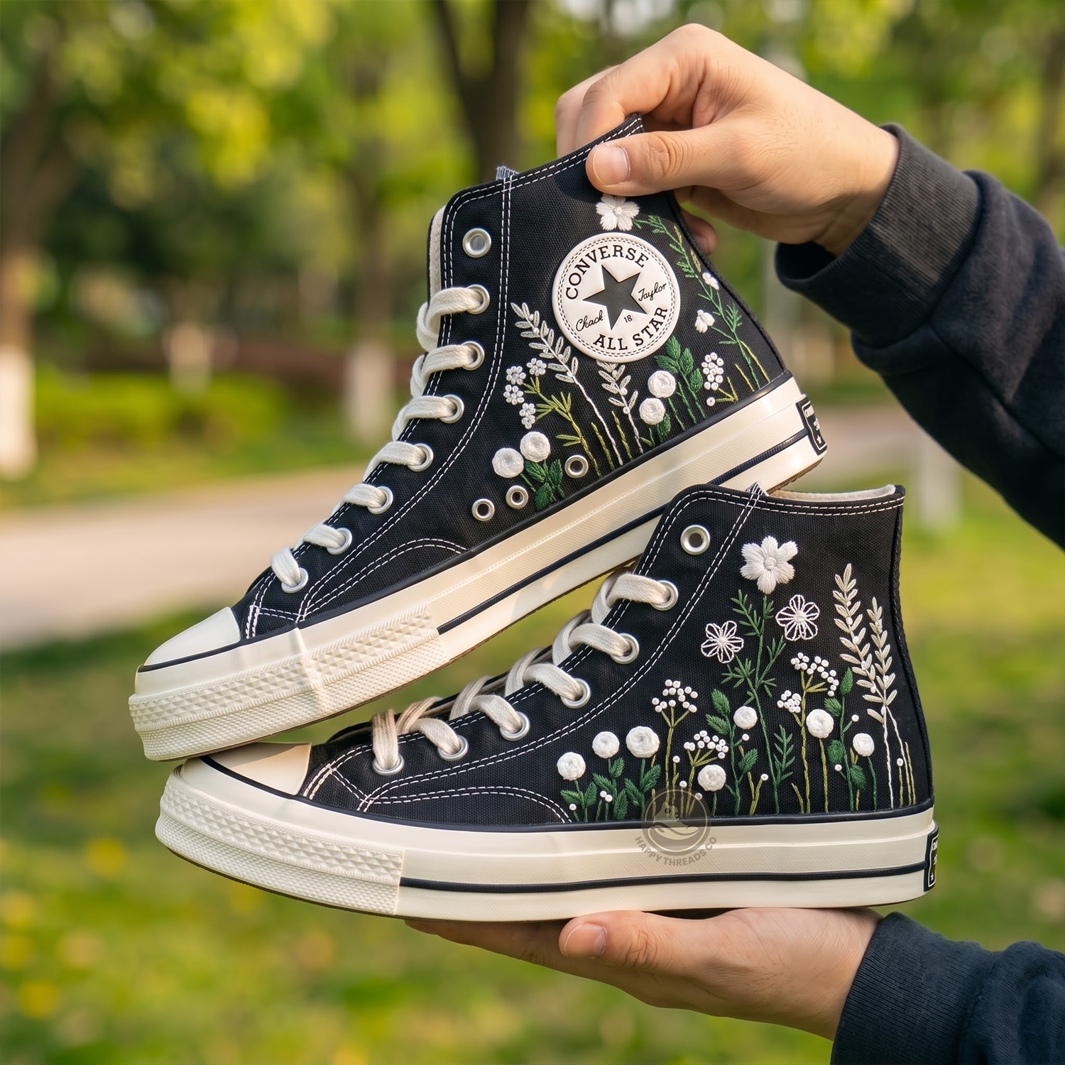 White Daisy Converse, Black Wildflower Garden Embroidered High Tops - Image 2
