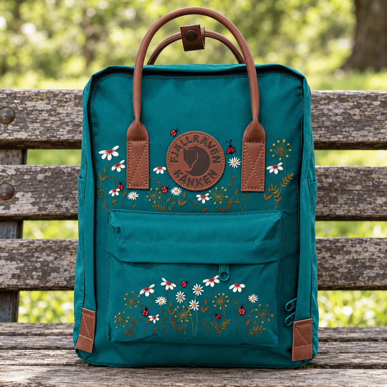Daisy Garden Kanken Backpack, Ladybug Floral Embroidered Rucksack