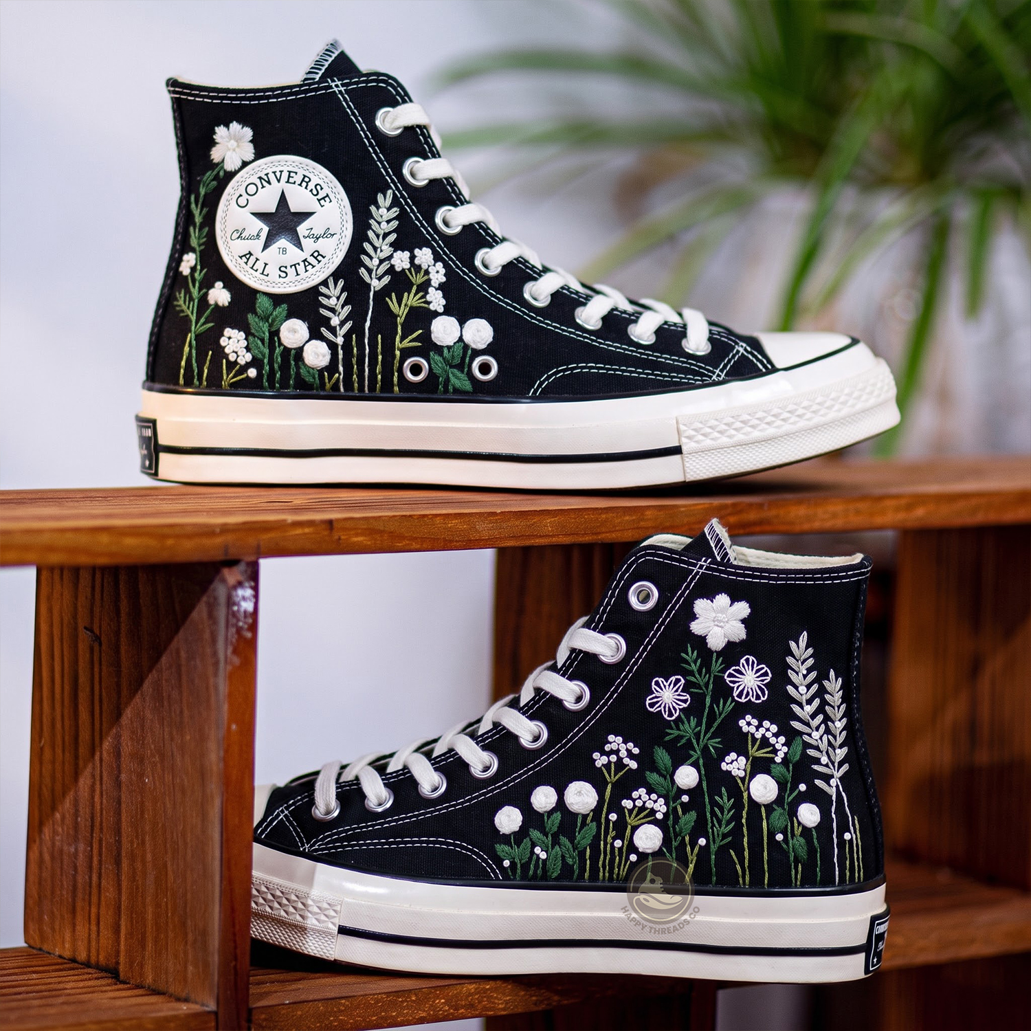 White Daisy Converse, Black Wildflower Garden Embroidered High Tops - Image 3