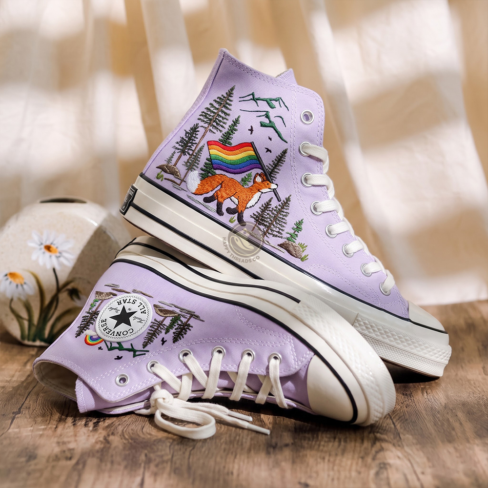 LGBT Pride Fox Converse, Rainbow Woodland Embroidered Sneakers - Image 4