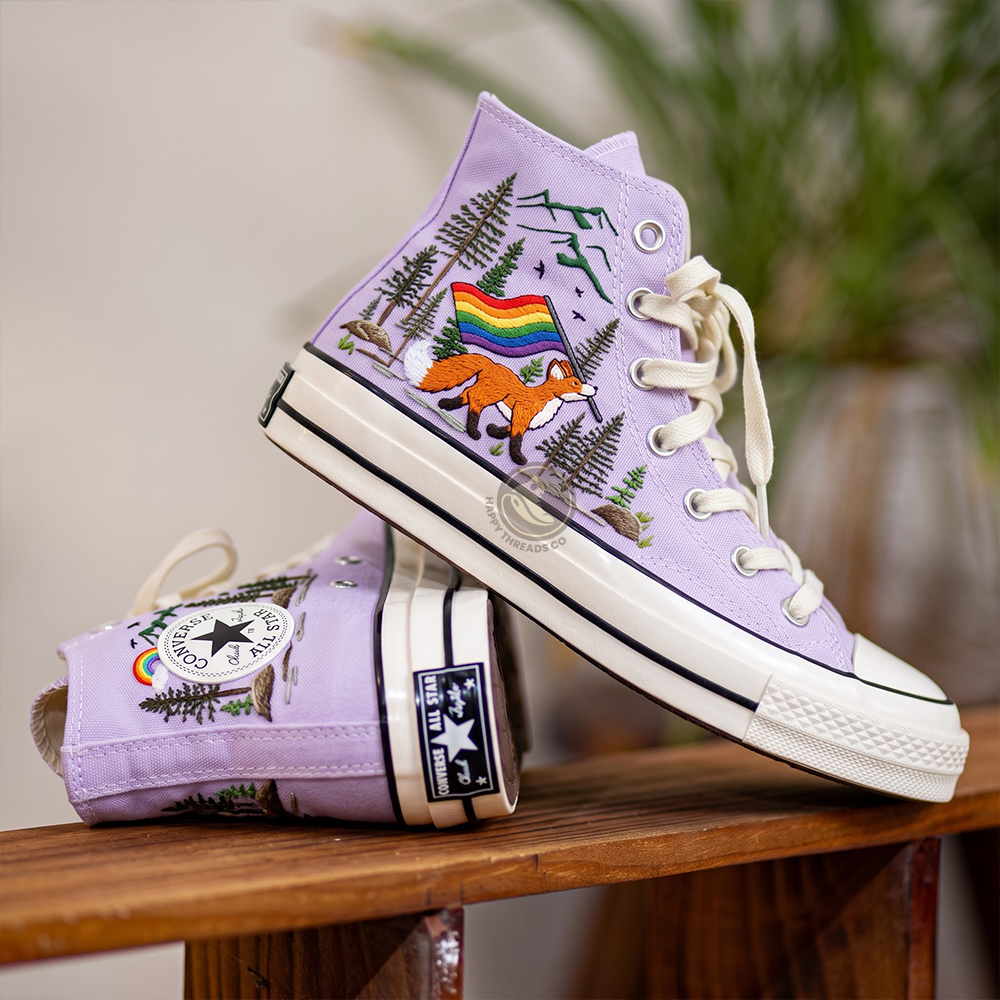 LGBT Pride Fox Converse, Rainbow Woodland Embroidered Sneakers - Image 3