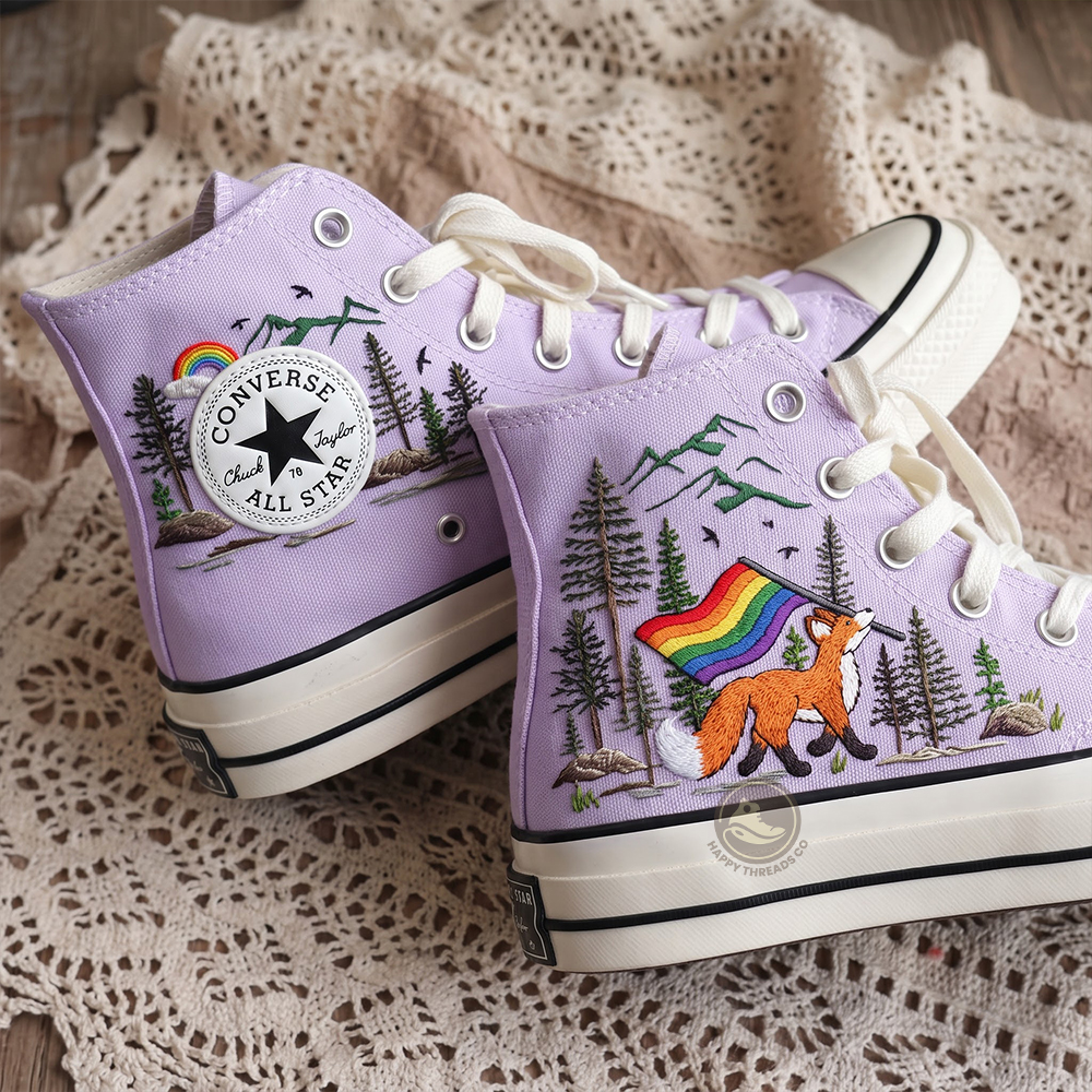 LGBT Pride Fox Converse, Rainbow Woodland Embroidered Sneakers - Image 2
