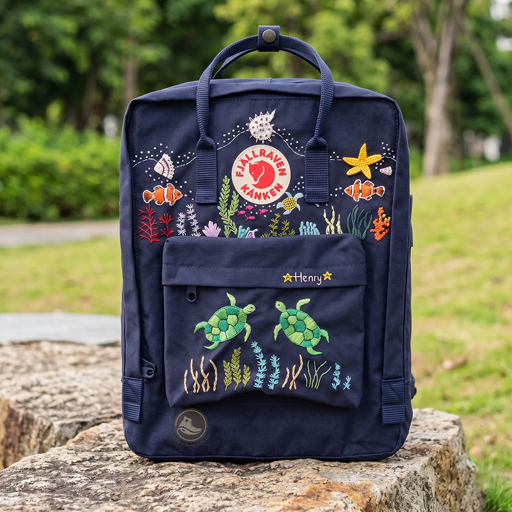 Sea Turtle Kanken Backpack, Ocean Life Embroidered Rucksack