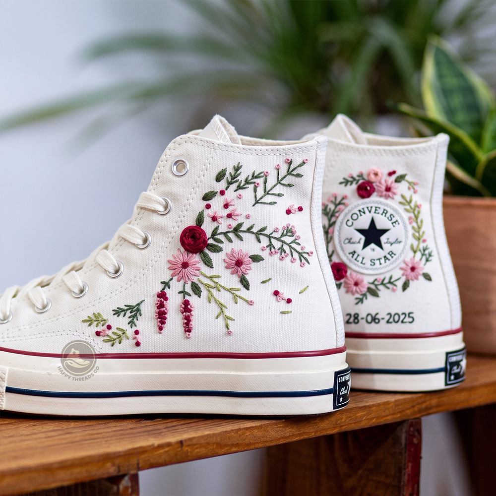 Burgundy Rose Wedding Converse, Pink Floral Embroidered High Tops - Image 2