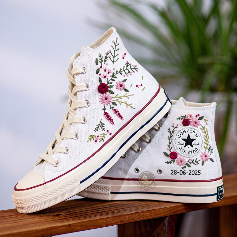 Burgundy Rose Wedding Converse, Pink Floral Embroidered High Tops