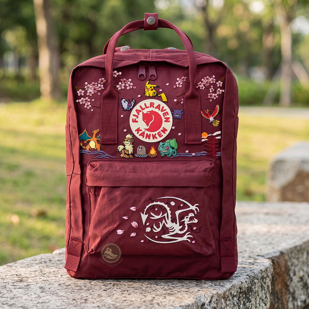 Pokemon Characters Kanken Backpack, Floral Embroidered Rucksack