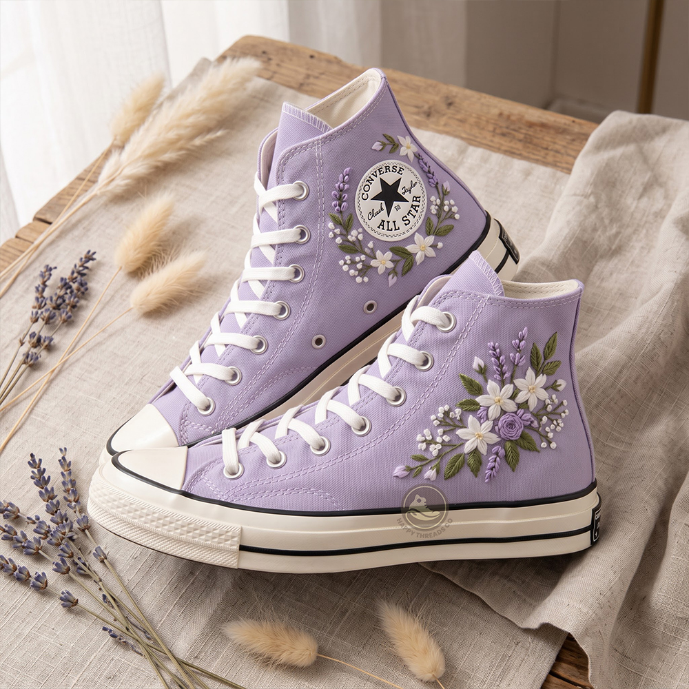Purple Rose Converse, Lavender Floral Embroidered High Tops - Image 3
