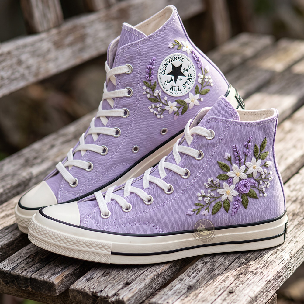 Purple Rose Converse, Lavender Floral Embroidered High Tops