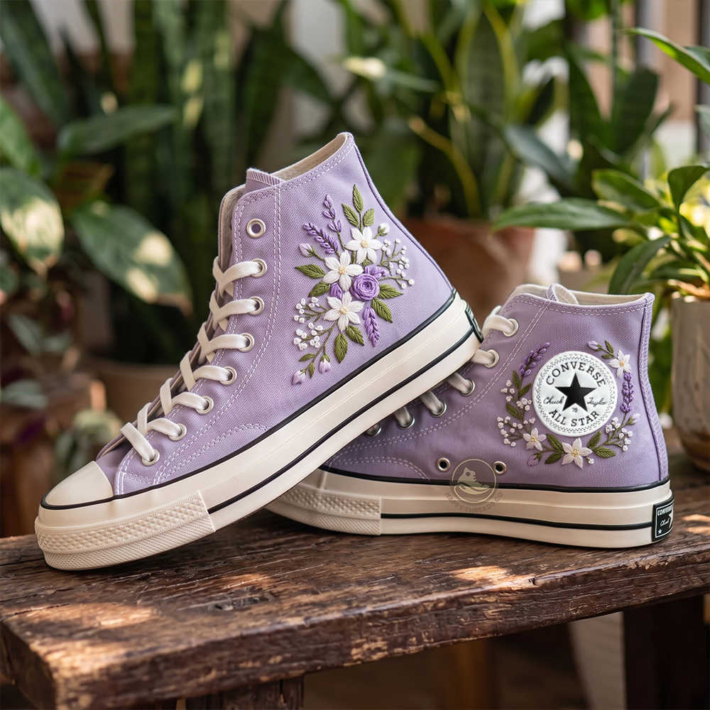 Purple Rose Converse, Lavender Floral Embroidered High Tops - Image 2