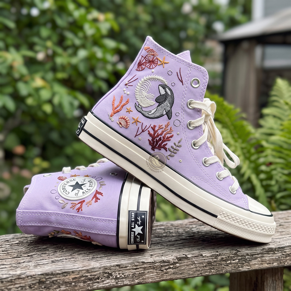 Orca Whale Converse, Ocean Coral Embroidered High Tops - Image 2