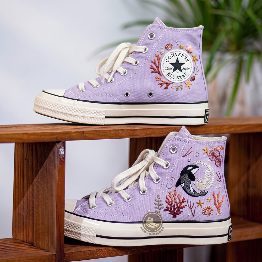 Orca Whale Converse, Ocean Coral Embroidered High Tops - Image 3
