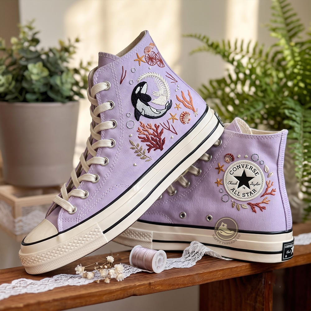 Orca Whale Converse, Ocean Coral Embroidered High Tops