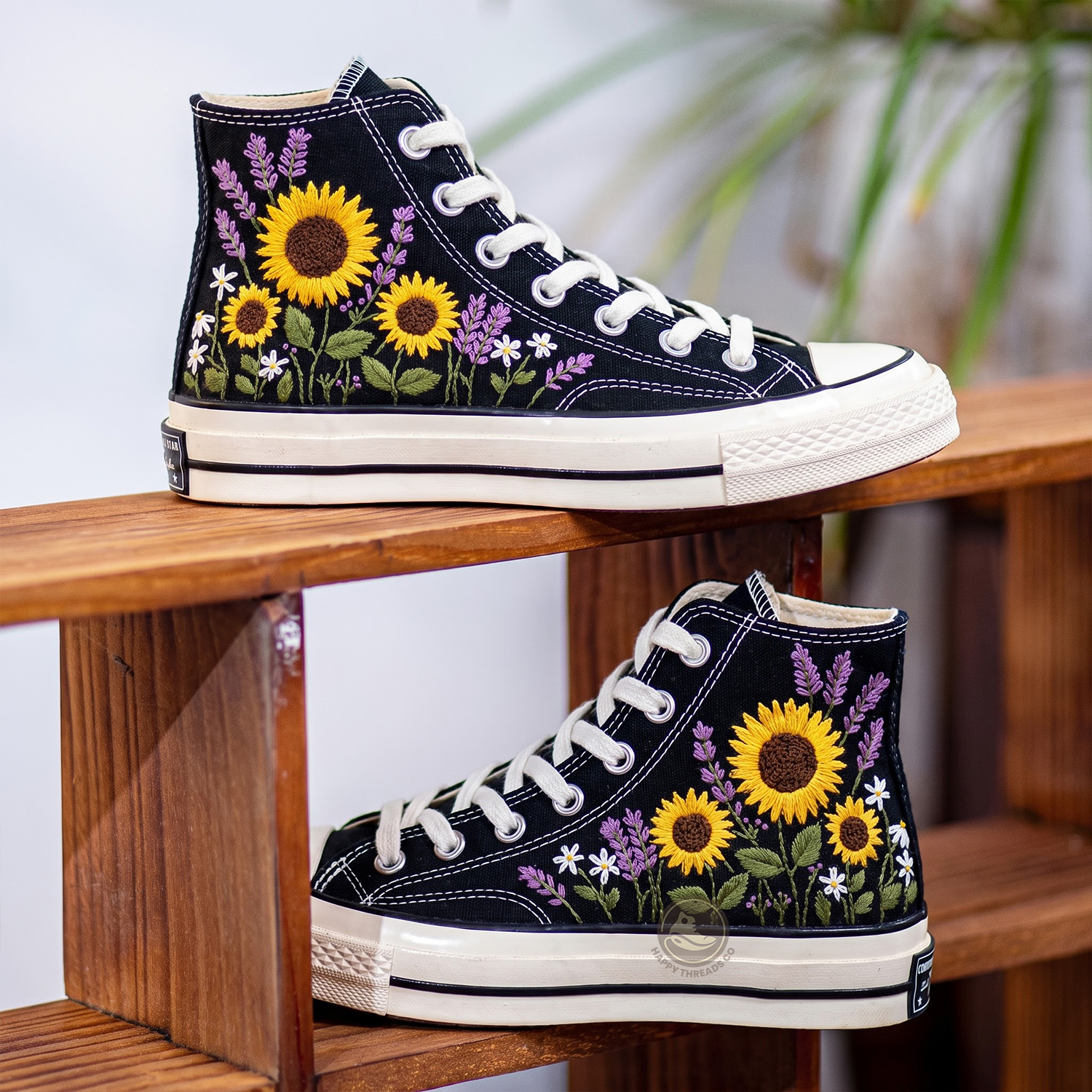 Sunflower Daisy Converse, Purple Wildflower Embroidered Sneakers - Image 2