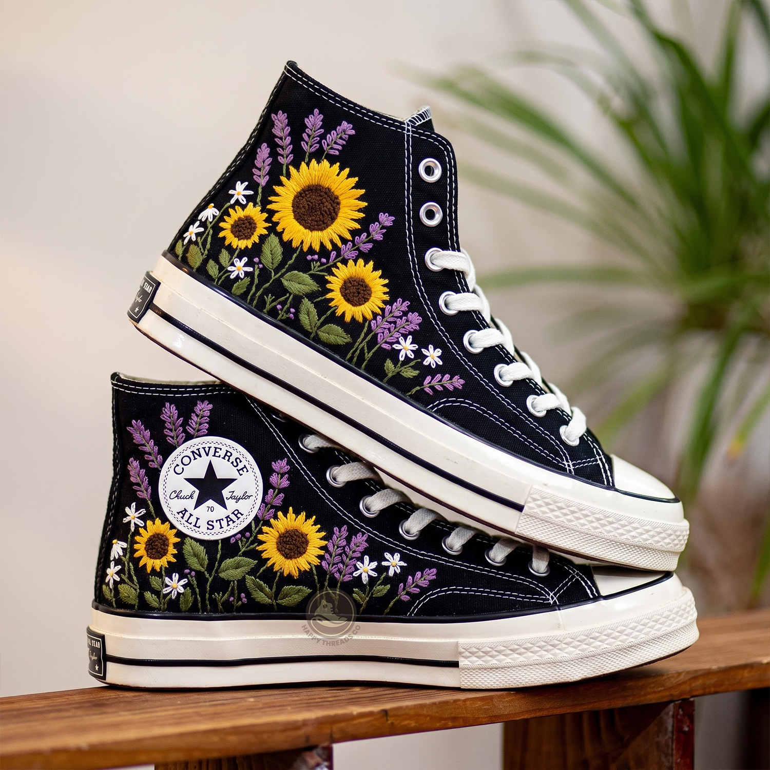 Sunflower Daisy Converse, Purple Wildflower Embroidered Sneakers