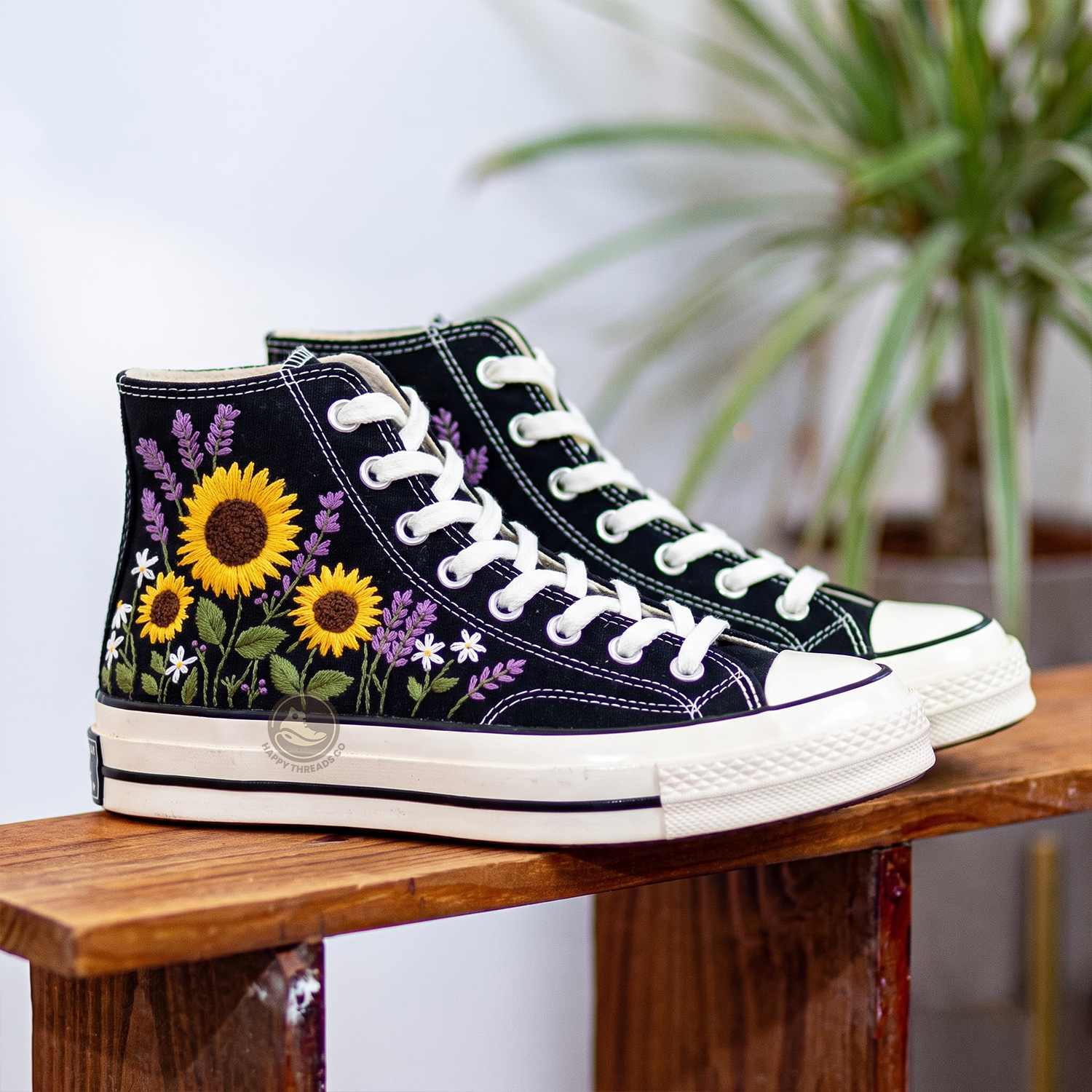 Sunflower Daisy Converse, Purple Wildflower Embroidered Sneakers - Image 3