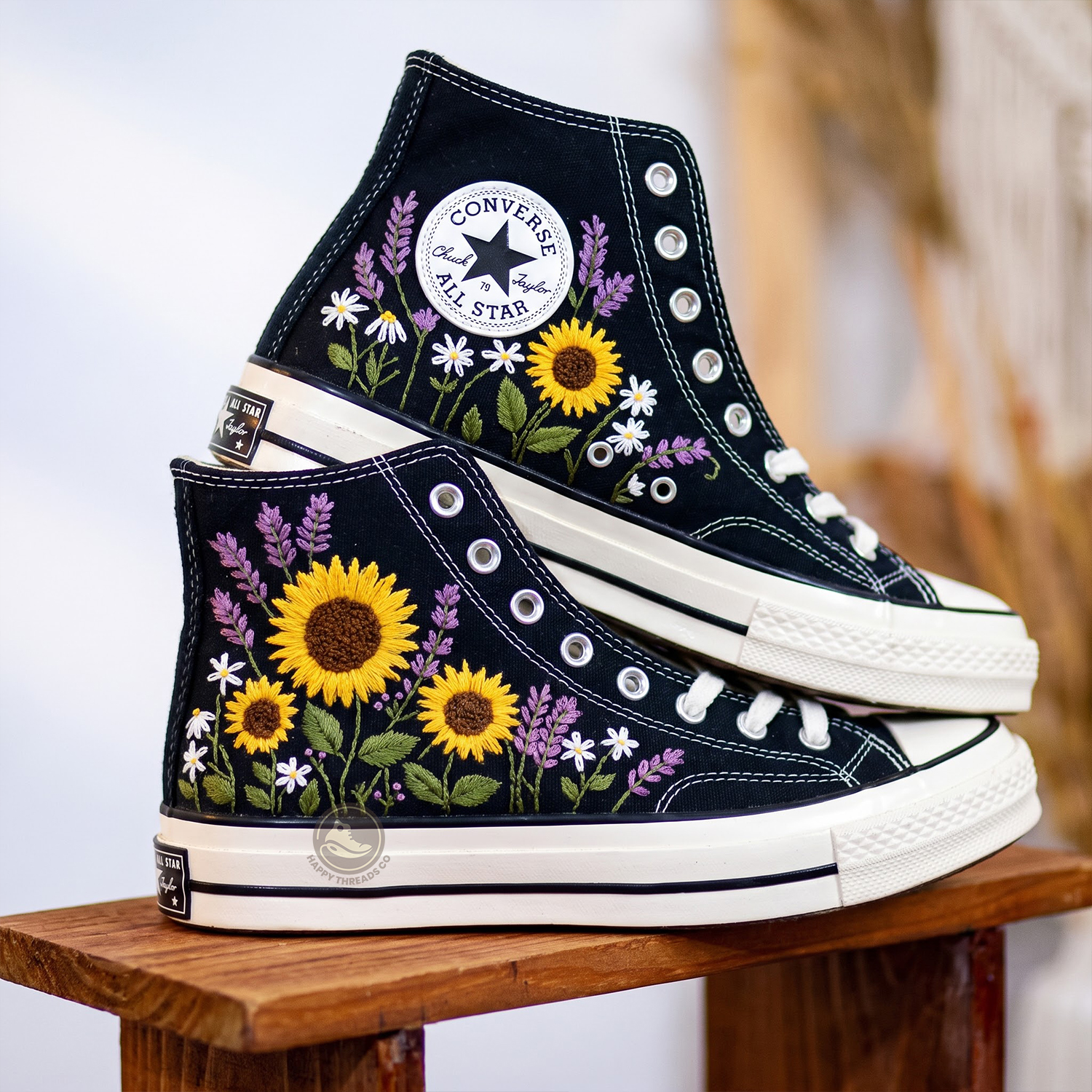 Sunflower Daisy Converse, Purple Wildflower Embroidered Sneakers - Image 4
