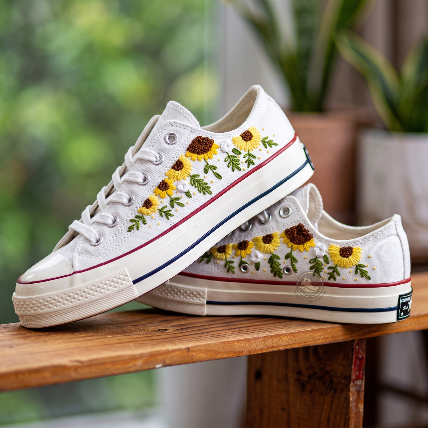 Sunflower Converse Low Tops, Yellow Floral Embroidered Sneakers - Image 3